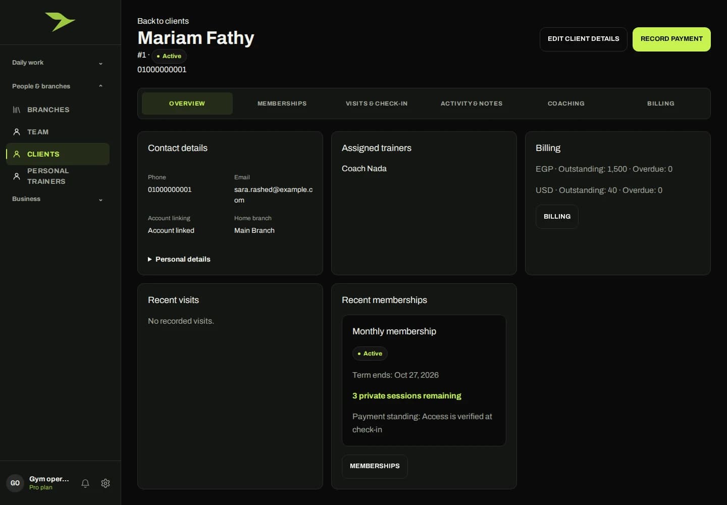 Member profile in the gym management product, showing fictional demo data