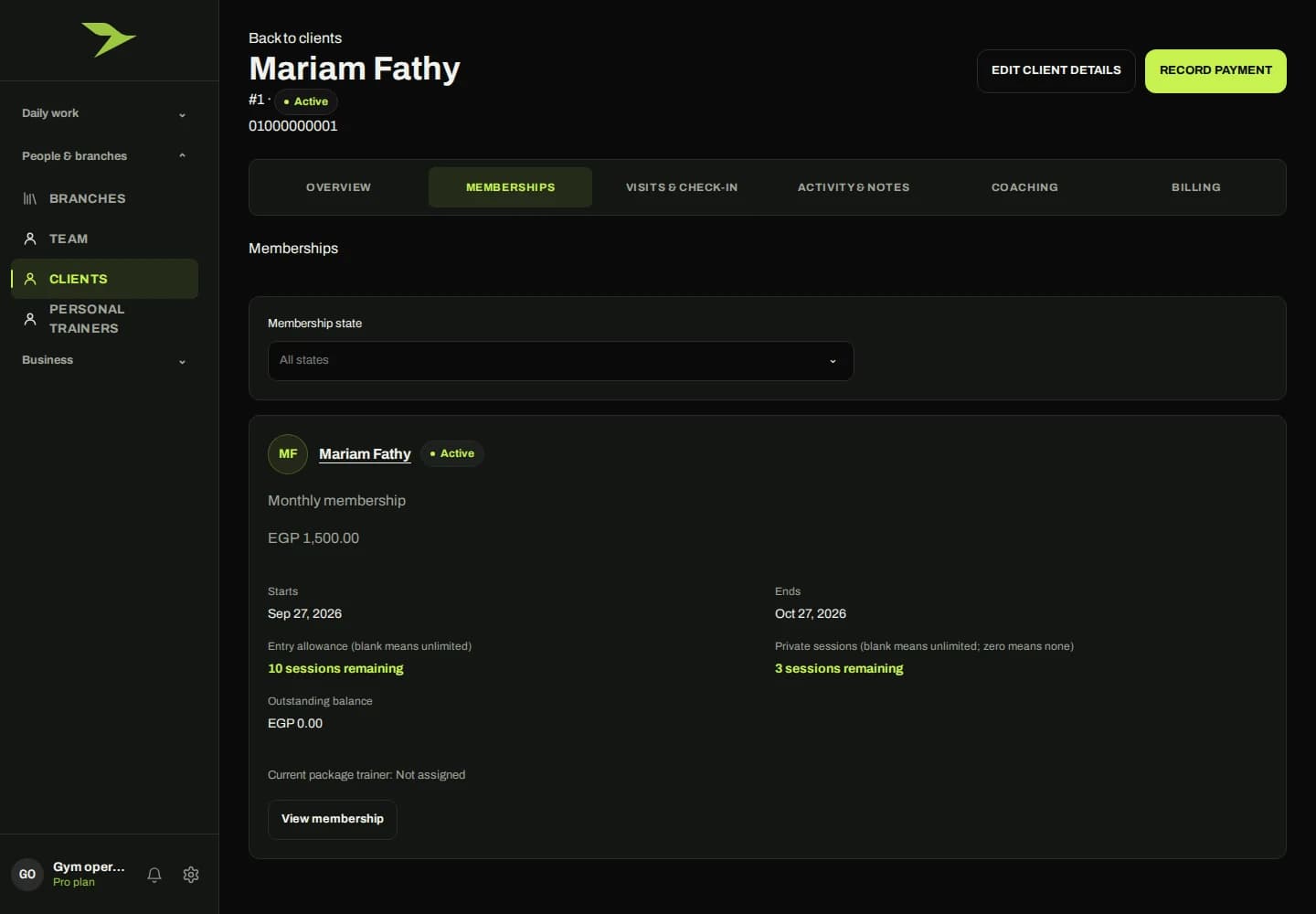Memberships in the gym management product, showing fictional demo data