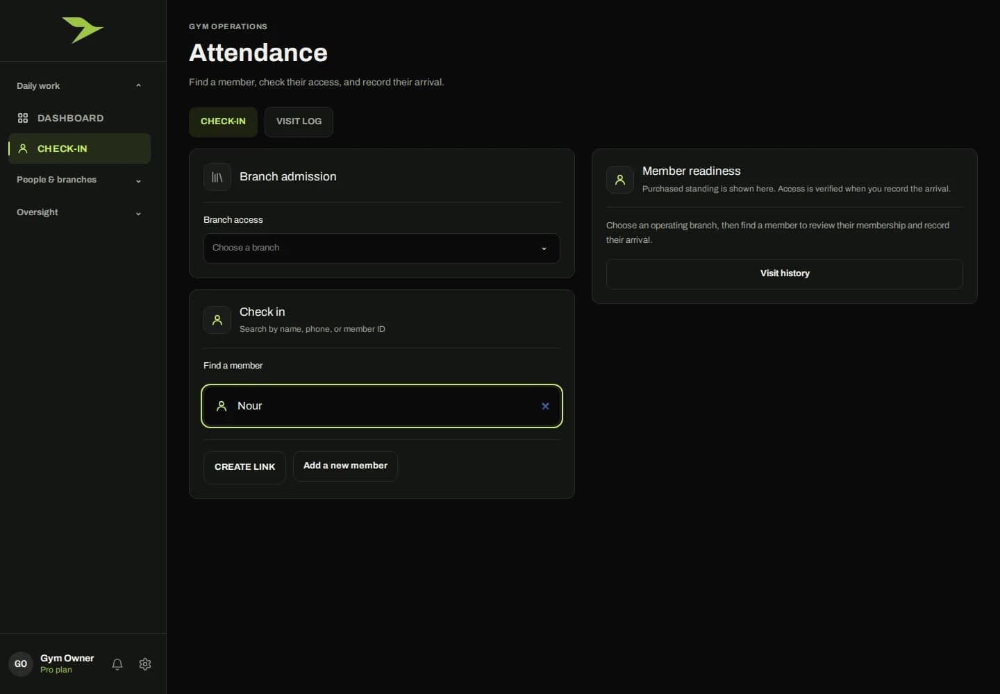 Reception in the gym management product, showing fictional demo data
